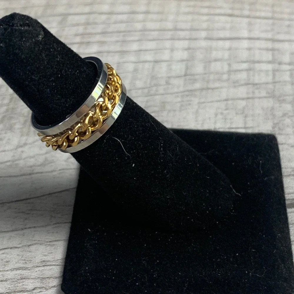 Two Tone Spinner Ring Gold Curb Chain Inlay Silver Band Fidget Ring Size 6
